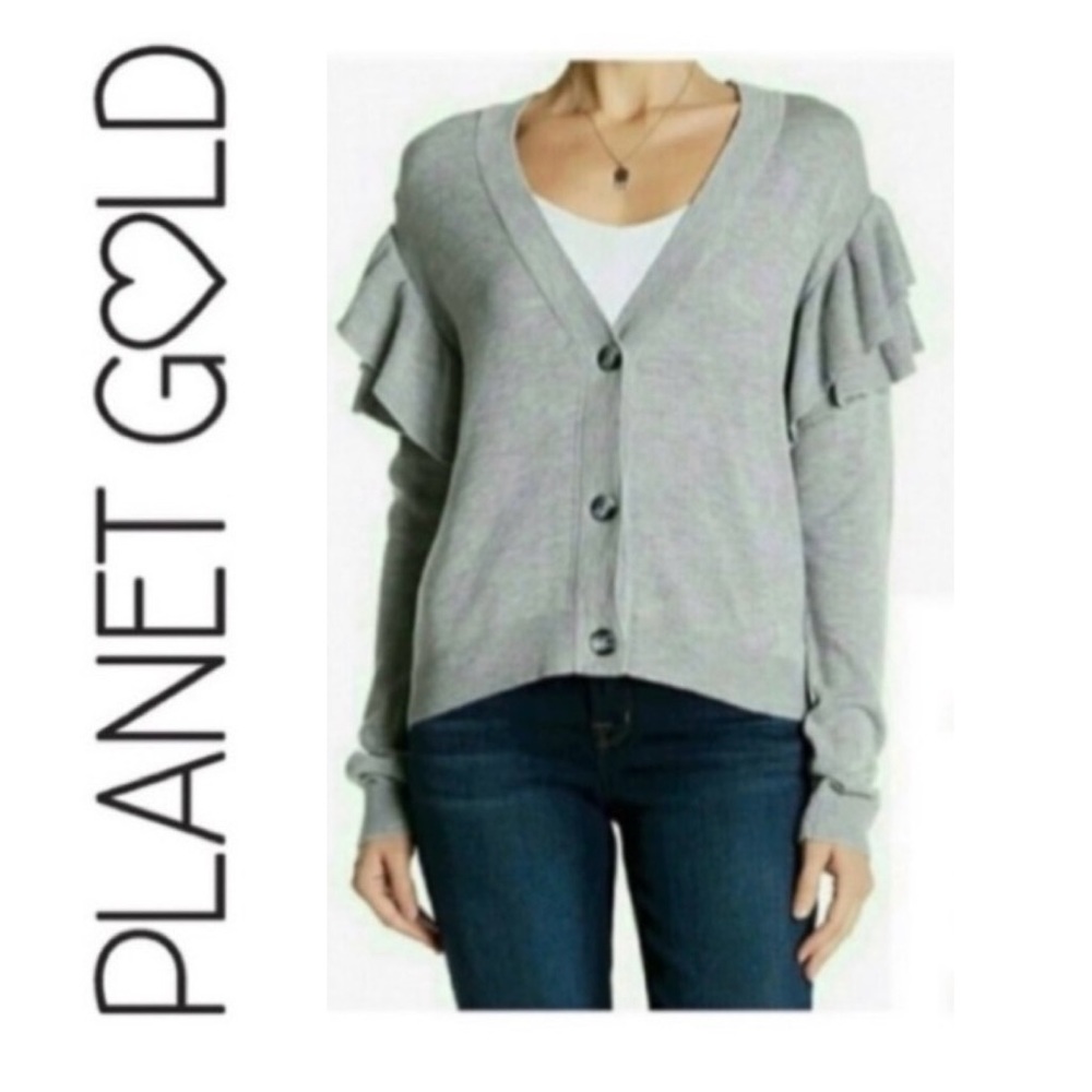 🛷 PLANET GOLD Gray Ruffle Sleeve Cardigan NWT M